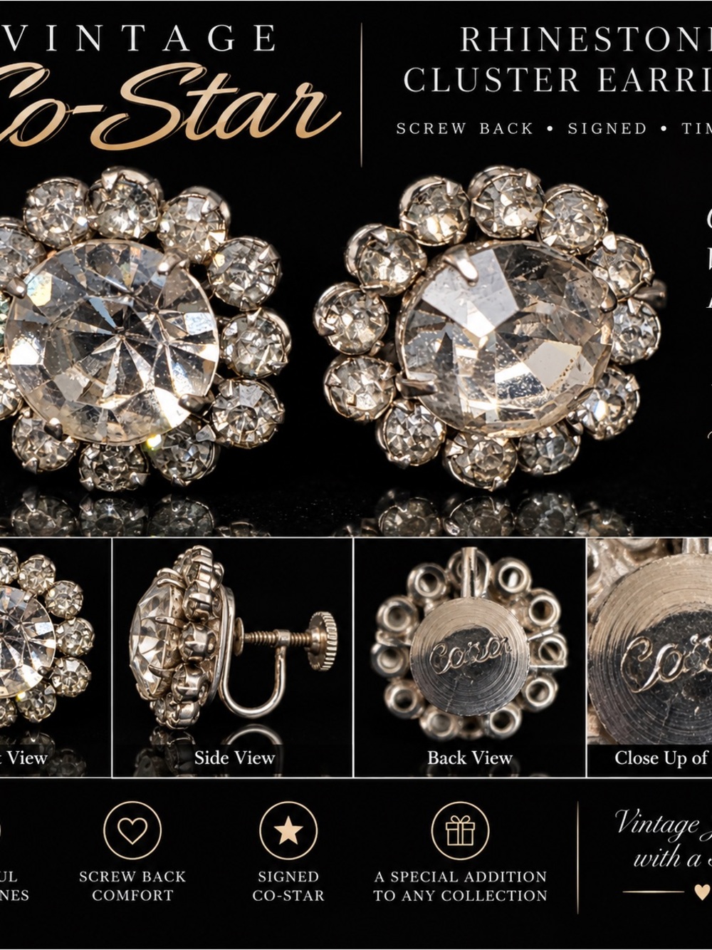 Vintage Co-Star Clear Rhinestone Flower Screw Back Earrings 1940s 1950s Signed
